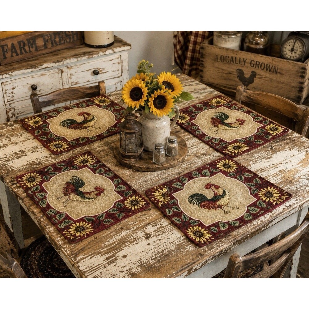 Set 4 Rooster Sunflower Tapestry Placemats Burgundy Farmhouse Country Kitchen
